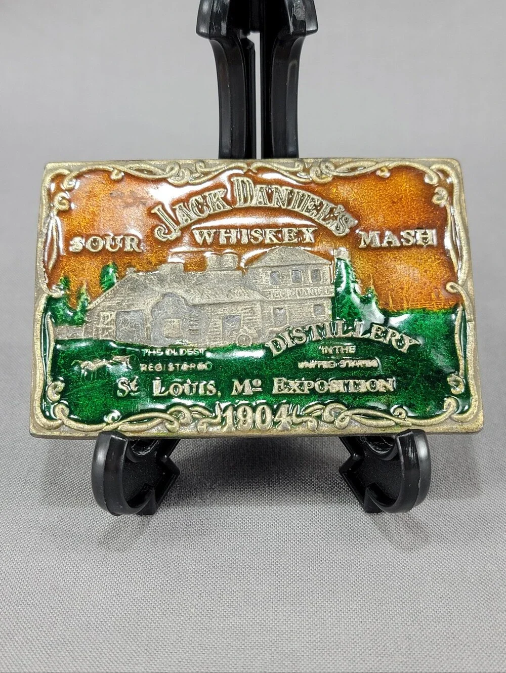 Vtg Jack Daniel's Sour Mash Whiskey Belt Buckle Enamel 1904 ***Broken***